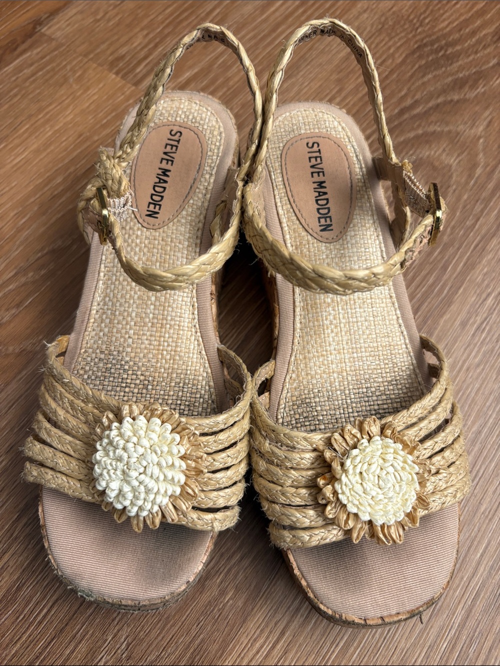 Steve Madden Natural Raffia Braided Wedge Sandals with Floral Accent
